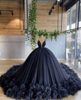 Ball Gown V Neck Tulle Black Wedding Dresses Spaghetti Straps Evening Dress MyChicDress